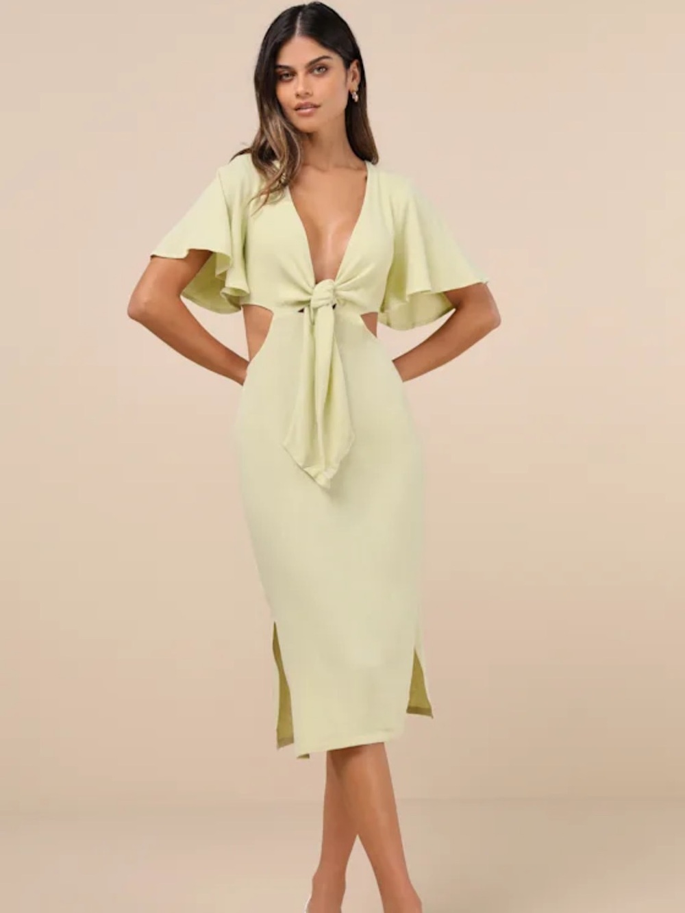 Lulu's Summer Journey Light Green Tie-Front Cutout Midi Dress
